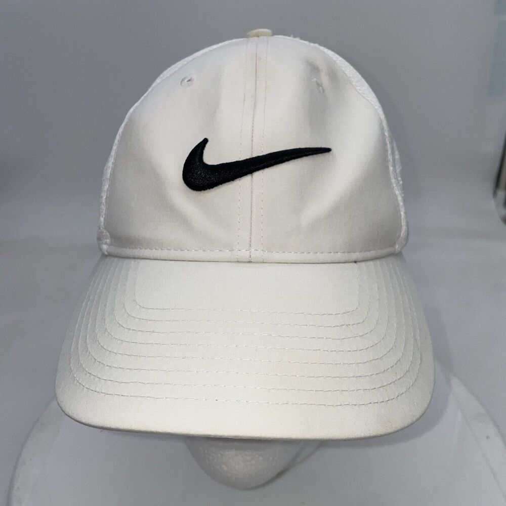 Nike White Golf Hat Cap Men Size L / XL  Flexfit Stretch Fitted White Blk Swoosh